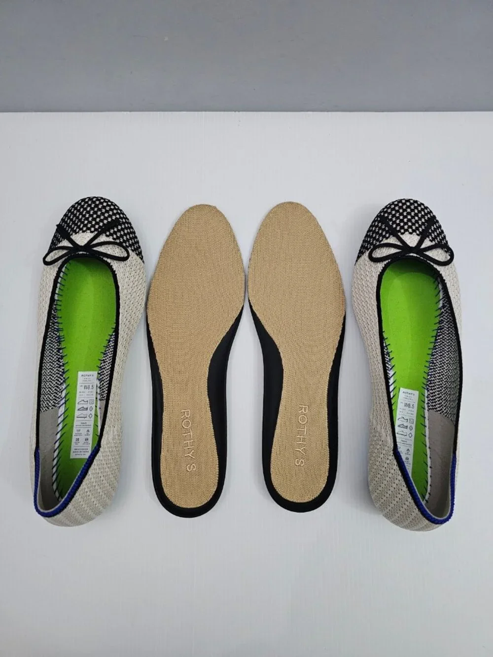 Rothy's The Ballet Flat Coco Cream Black Knit Toe Cap Bow Washable Womens 8.5